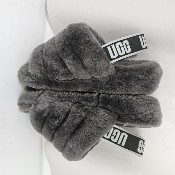 Ugg Womens Fur Slide Gray Fluff Yeah Sz 6 Sheepskin Elastic Heel Logo - Picture 6 of 12